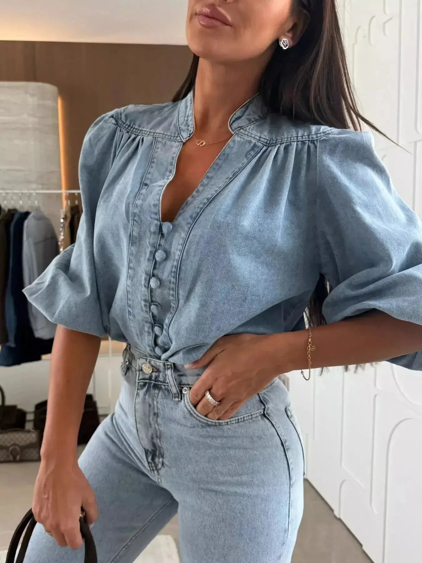 Button-Down Puff Sleeve Denim Top - Plush Fashion Hub