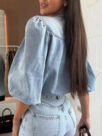 Button-Down Puff Sleeve Denim Top - Plush Fashion Hub