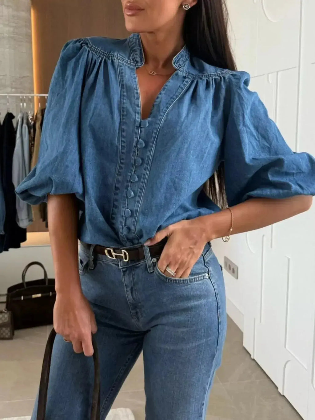 Button-Down Puff Sleeve Denim Top - Plush Fashion Hub