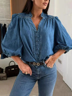 Button-Down Puff Sleeve Denim Top - Plush Fashion Hub