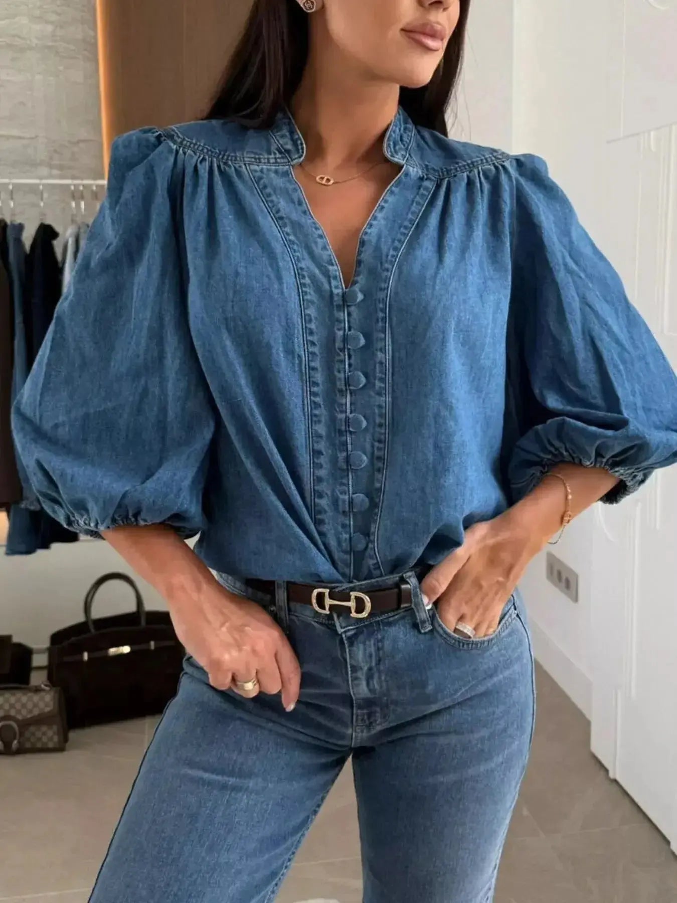 Button-Down Puff Sleeve Denim Top - Plush Fashion Hub