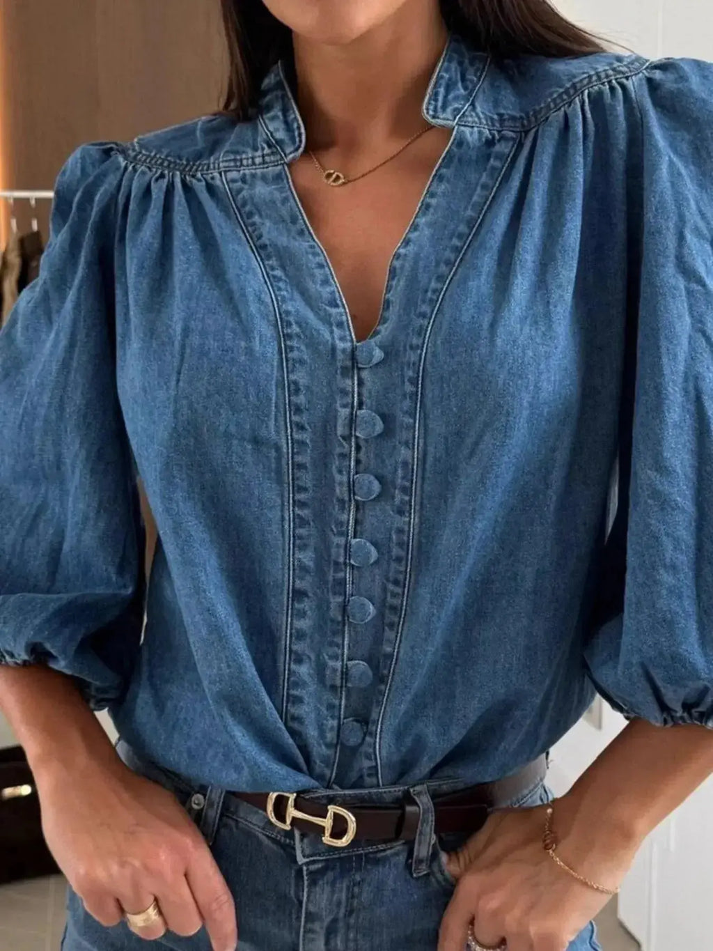 Button-Down Puff Sleeve Denim Top - Plush Fashion Hub