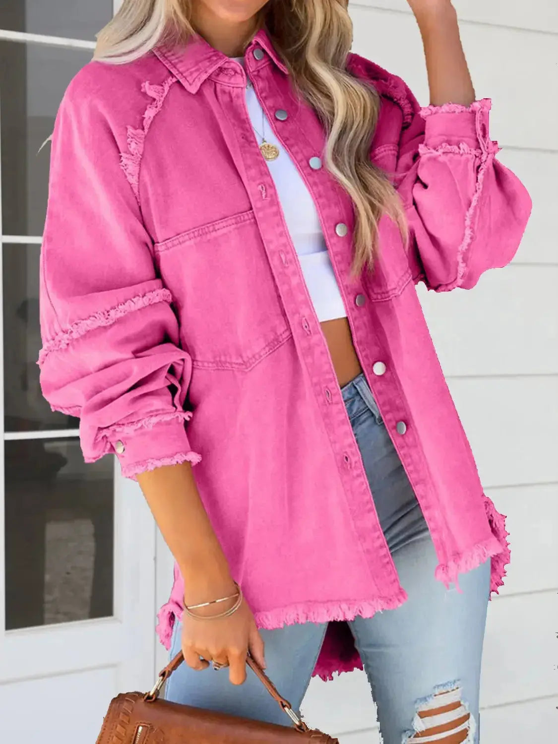 Button Down Raw Hem Denim Jacket - Plush Fashion Hub