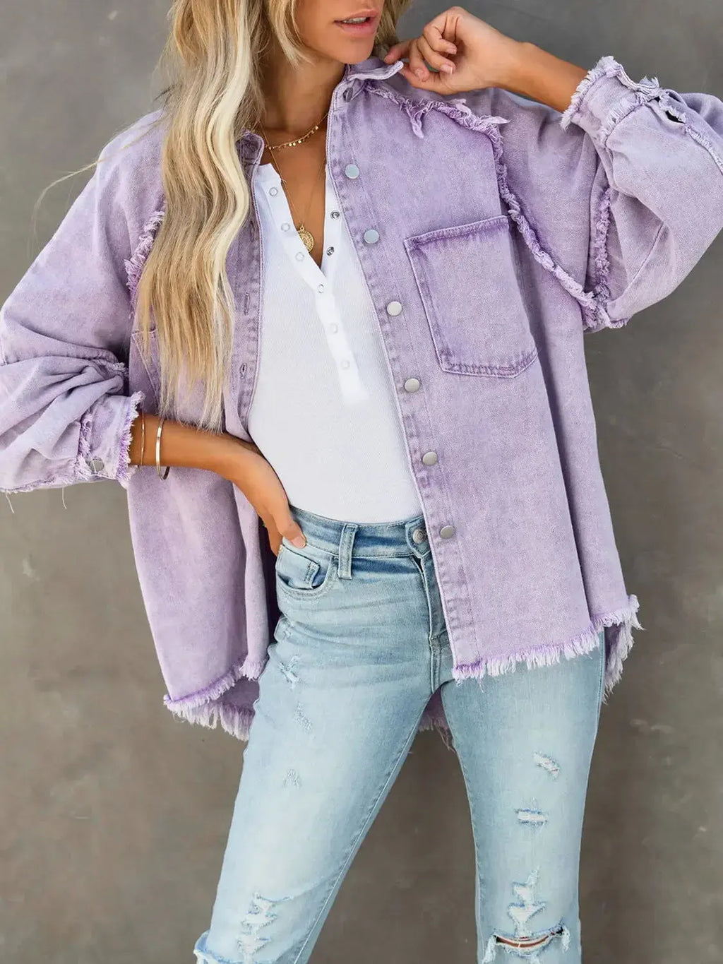Button Down Raw Hem Denim Jacket - Plush Fashion Hub