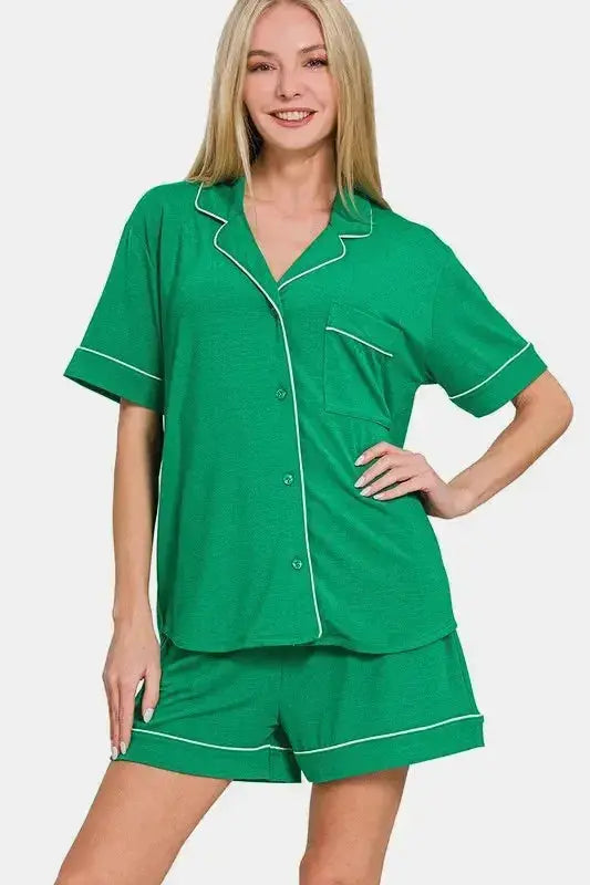 Zenana Button Down Short Sleeve Top and Shorts Lounge Set - Plush Fashion Hub