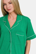 Zenana Button Down Short Sleeve Top and Shorts Lounge Set - Plush Fashion Hub