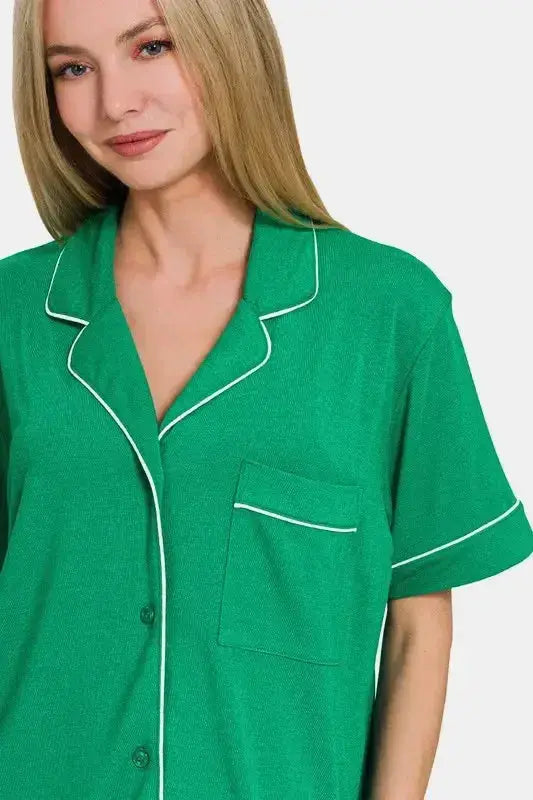 Zenana Button Down Short Sleeve Top and Shorts Lounge Set - Plush Fashion Hub