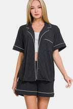 Zenana Button Down Short Sleeve Top and Shorts Lounge Set - Plush Fashion Hub