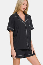 Zenana Button Down Short Sleeve Top and Shorts Lounge Set - Plush Fashion Hub