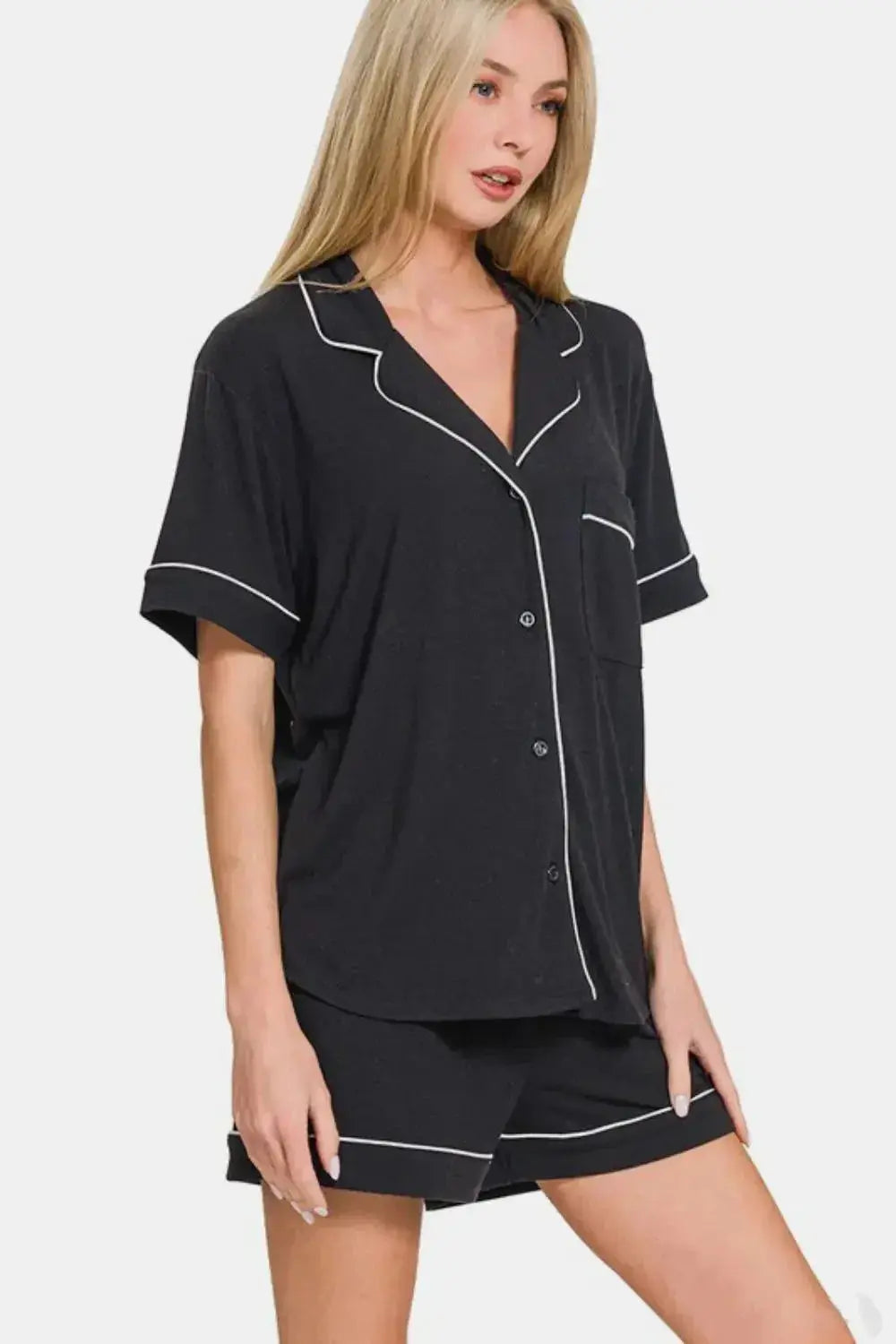 Zenana Button Down Short Sleeve Top and Shorts Lounge Set - Plush Fashion Hub