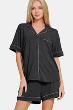 Zenana Button Down Short Sleeve Top and Shorts Lounge Set - Plush Fashion Hub
