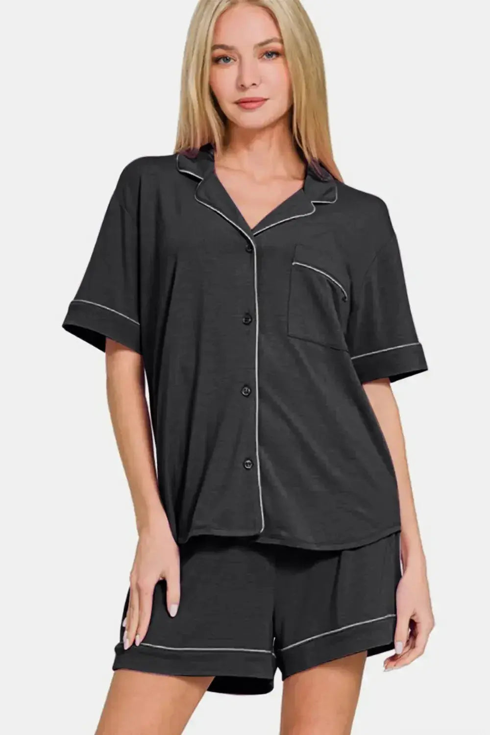 Zenana Button Down Short Sleeve Top and Shorts Lounge Set - Plush Fashion Hub