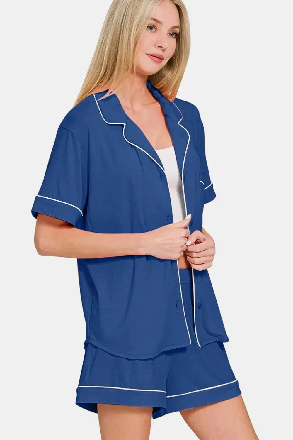 Zenana Button Down Short Sleeve Top and Shorts Lounge Set - Plush Fashion Hub