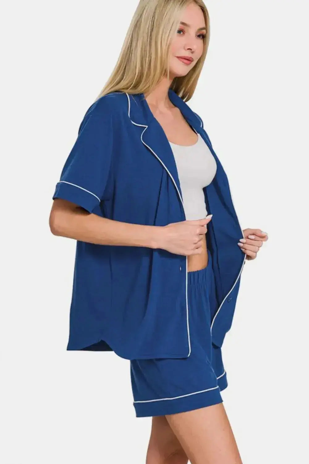Zenana Button Down Short Sleeve Top and Shorts Lounge Set - Plush Fashion Hub