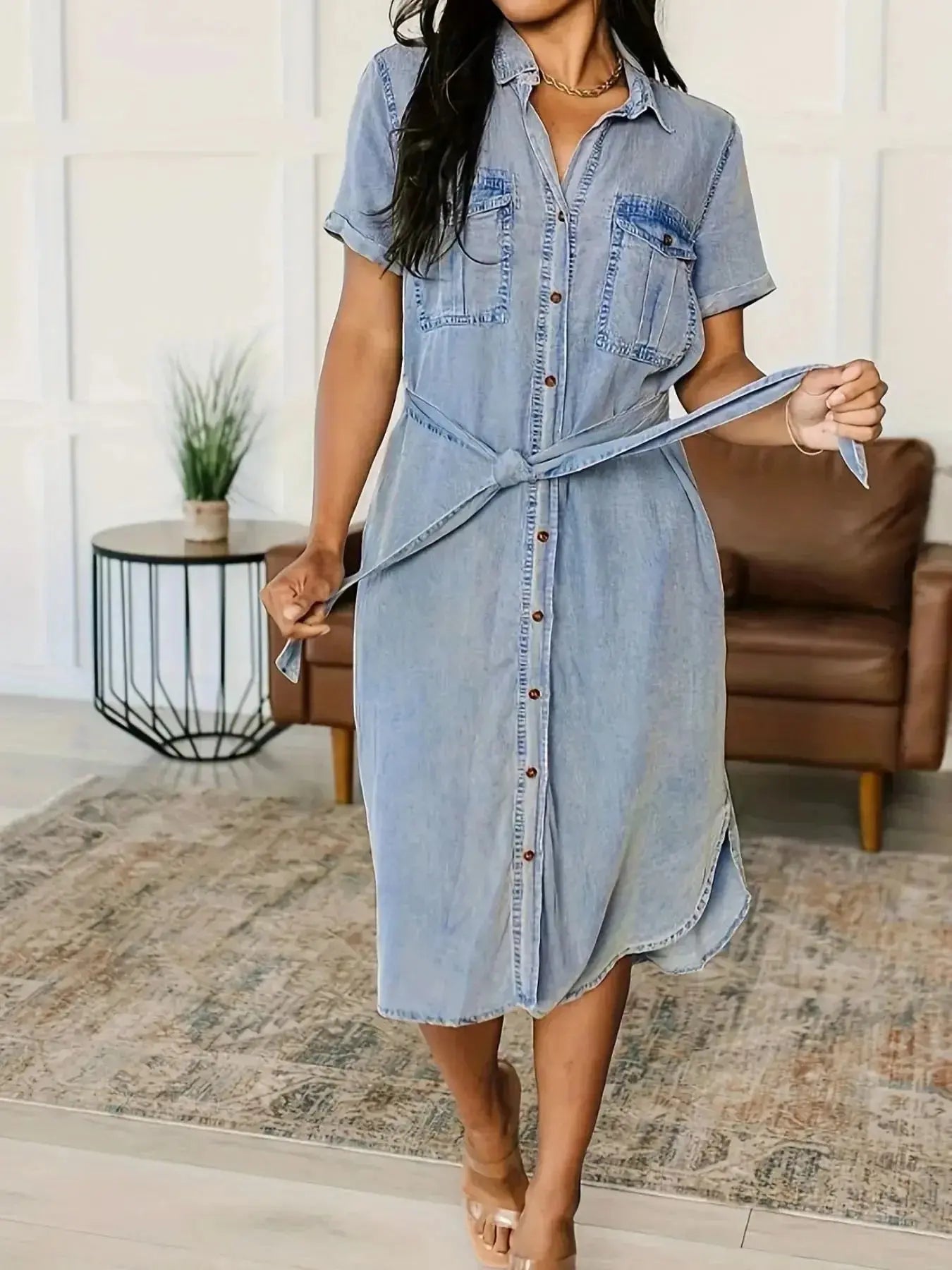 Button Front Short Sleeve Denim Dress - Plush Fashion Hub