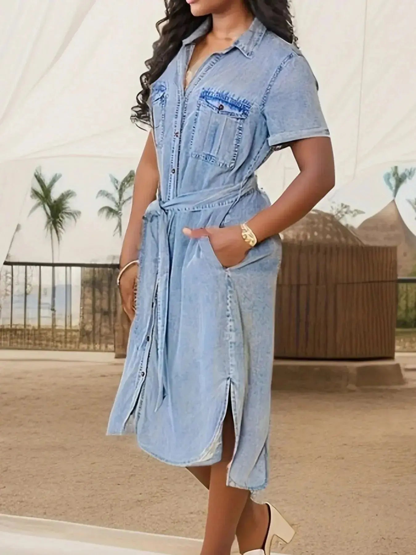 Button Front Short Sleeve Denim Dress - Plush Fashion Hub