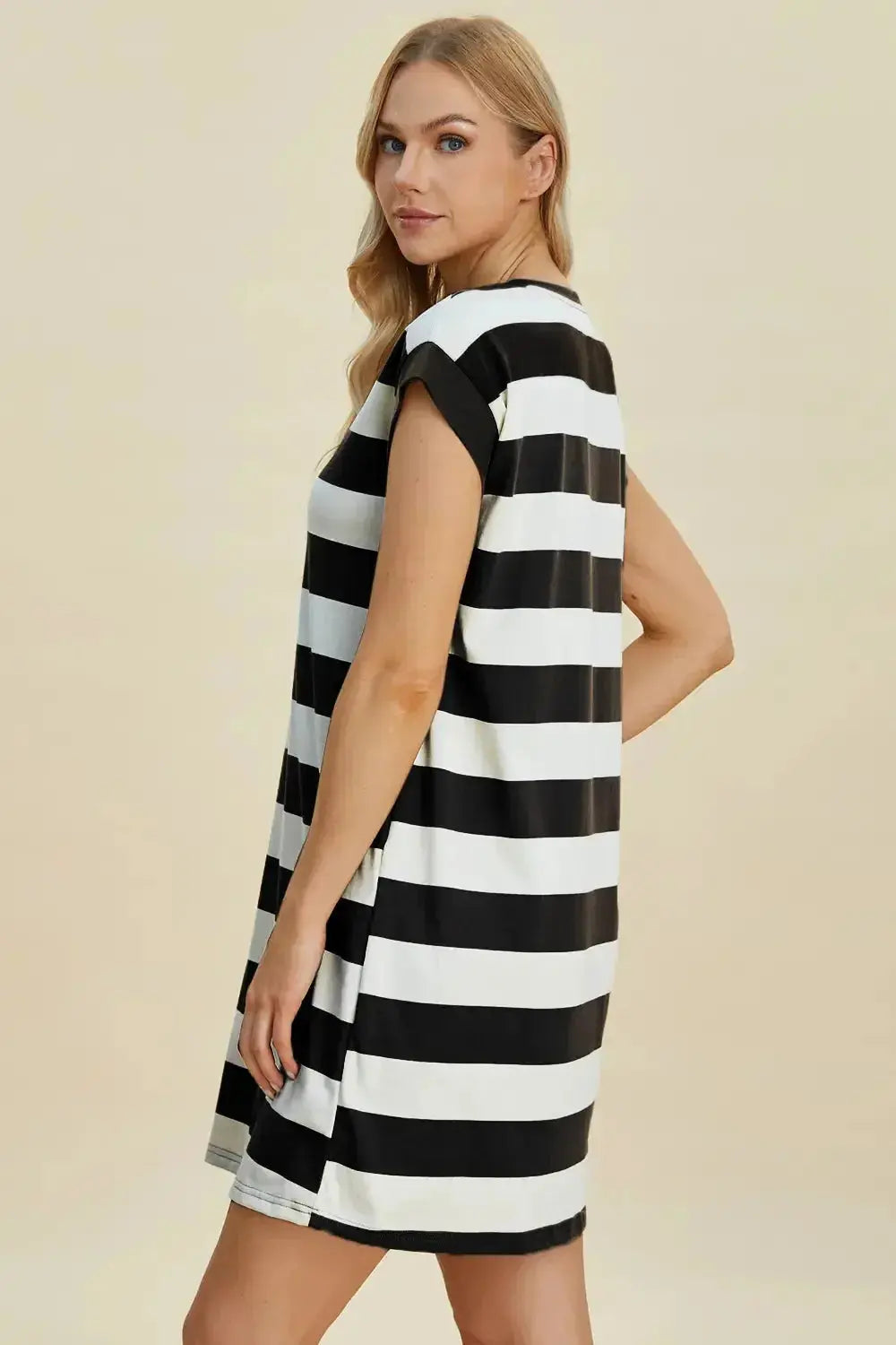 Basic Bae Full Size Striped Round Neck Cap Sleeve Mini Dress - Plush Fashion Hub