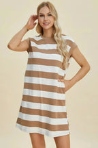 Basic Bae Full Size Striped Round Neck Cap Sleeve Mini Dress - Plush Fashion Hub