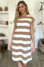 Basic Bae Full Size Striped Round Neck Cap Sleeve Mini Dress - Plush Fashion Hub