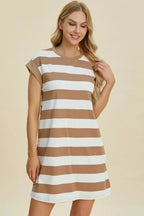 Basic Bae Full Size Striped Round Neck Cap Sleeve Mini Dress - Plush Fashion Hub