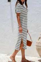 Casual Striped V-Neck Midi T-Shirt Dress - Plush Fashion Hub