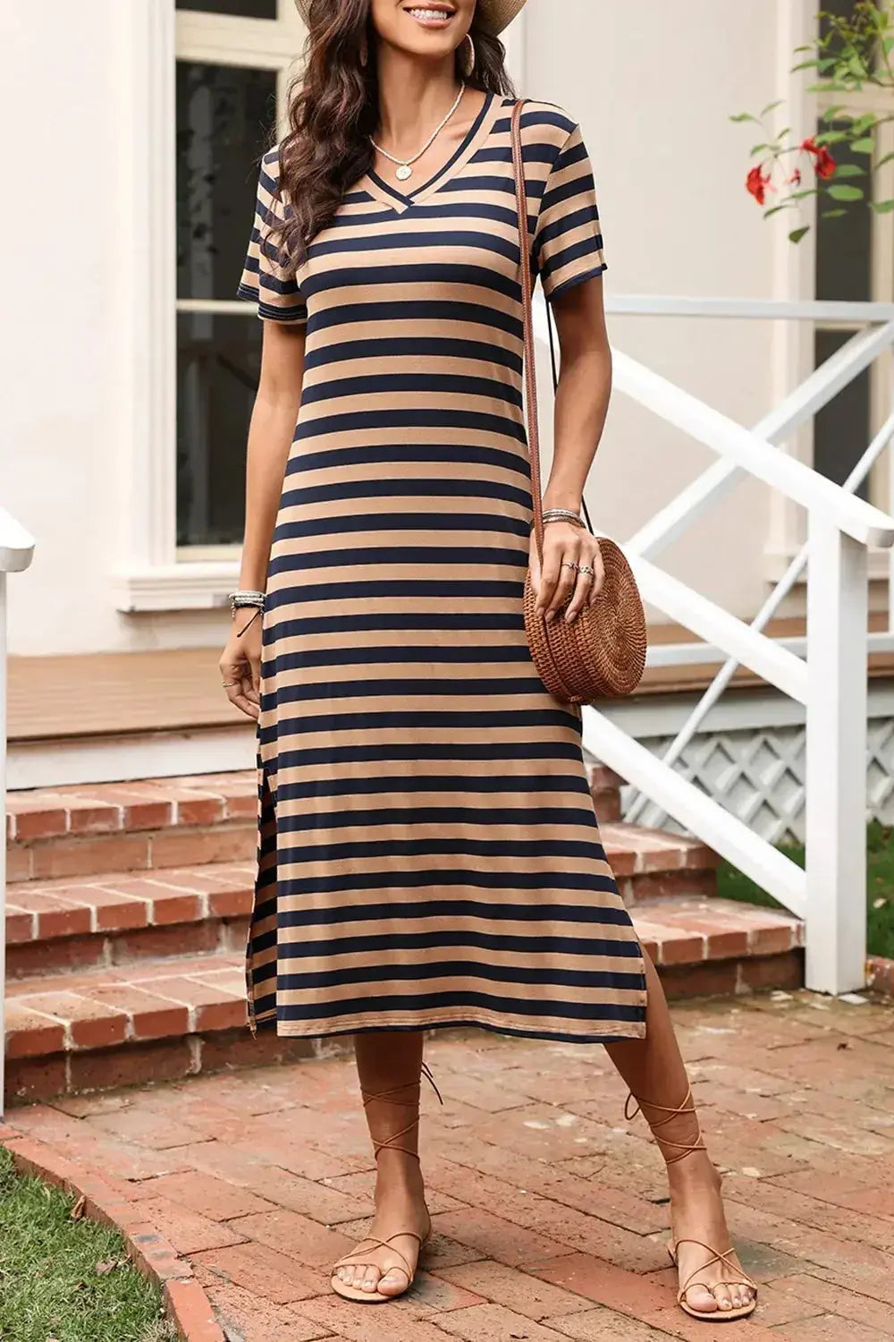 Casual Striped V-Neck Midi T-Shirt Dress - Plush Fashion Hub