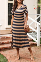 Casual Striped V-Neck Midi T-Shirt Dress - Plush Fashion Hub