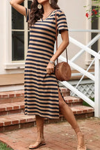 Casual Striped V-Neck Midi T-Shirt Dress - Plush Fashion Hub