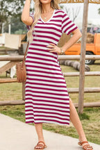 Casual Striped V-Neck Midi T-Shirt Dress - Plush Fashion Hub