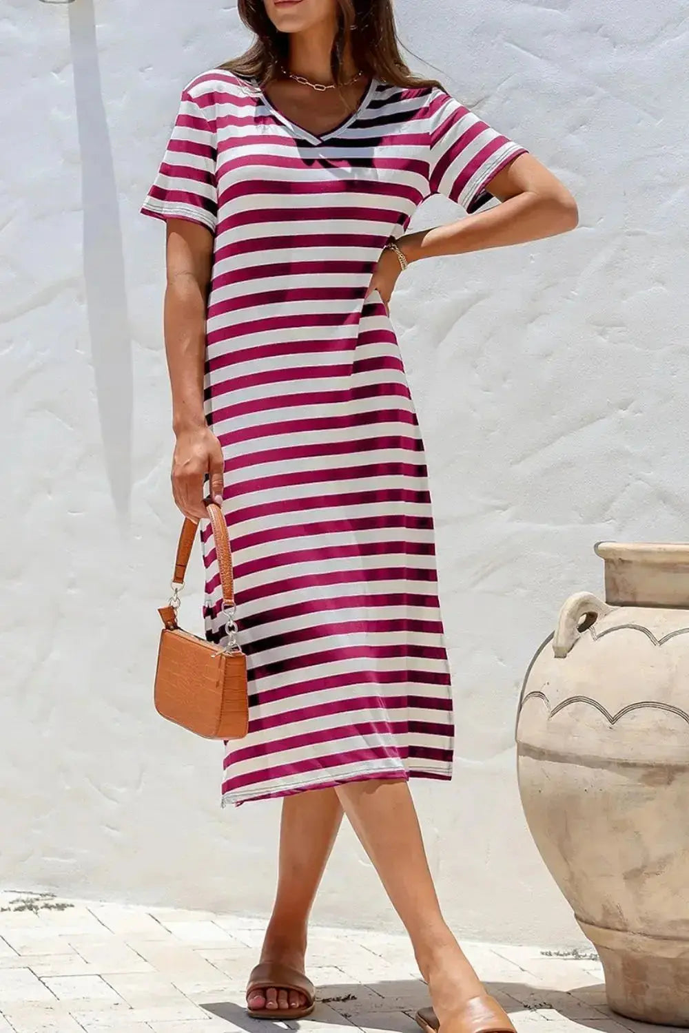 Casual Striped V-Neck Midi T-Shirt Dress - Plush Fashion Hub