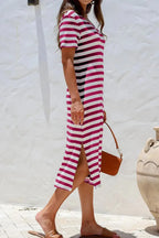 Casual Striped V-Neck Midi T-Shirt Dress - Plush Fashion Hub