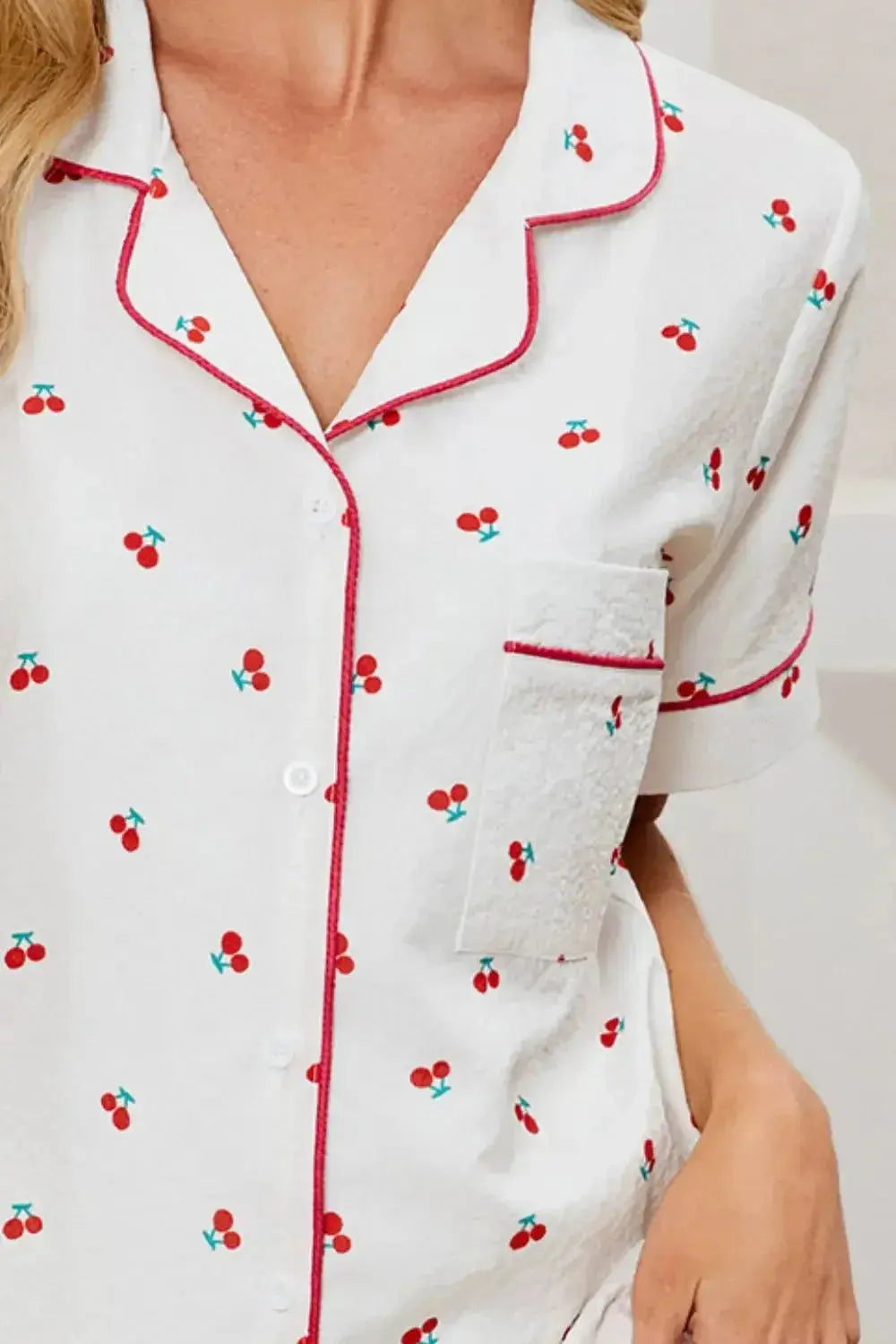 Cheery Print Collared Neck Top and Shorts Lounge Set - Plush Fashion Hub