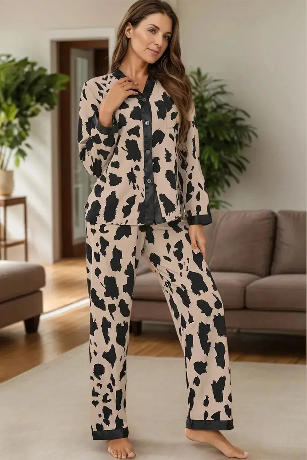 Button Up Long Sleeve Top and Pants Lounge Set - Plush Fashion Hub