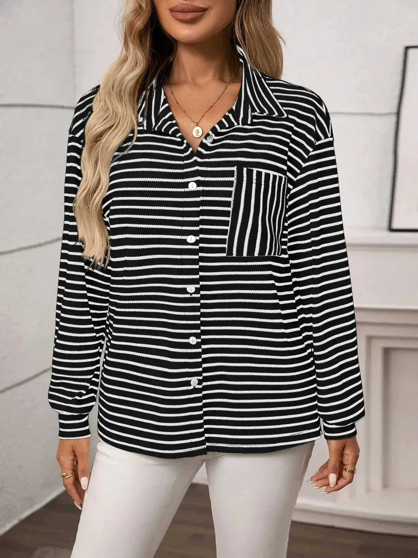 Striped Button Up Long Sleeve Shirt - Plush Fashion Hub