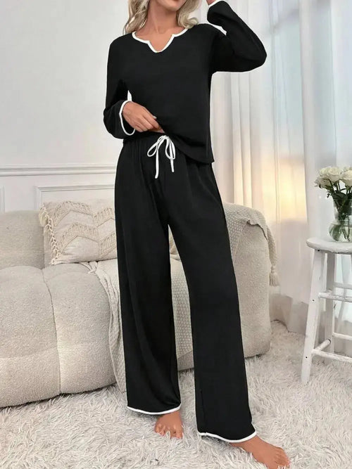 Contrast Trim Notched Long Sleeve Top and Pants Lounge Set - Plush Fashion Hub
