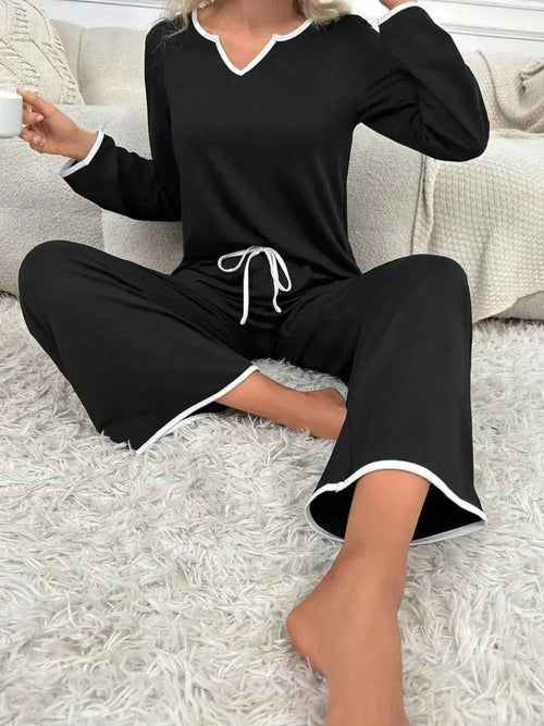 Contrast Trim Notched Long Sleeve Top and Pants Lounge Set - Plush Fashion Hub