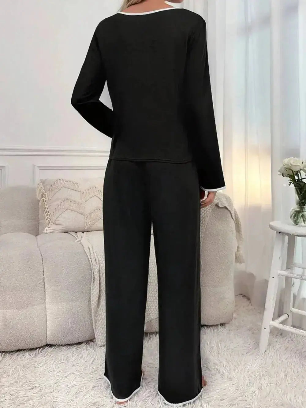 Contrast Trim Notched Long Sleeve Top and Pants Lounge Set - Plush Fashion Hub