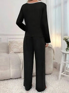 Contrast Trim Notched Long Sleeve Top and Pants Lounge Set - Plush Fashion Hub