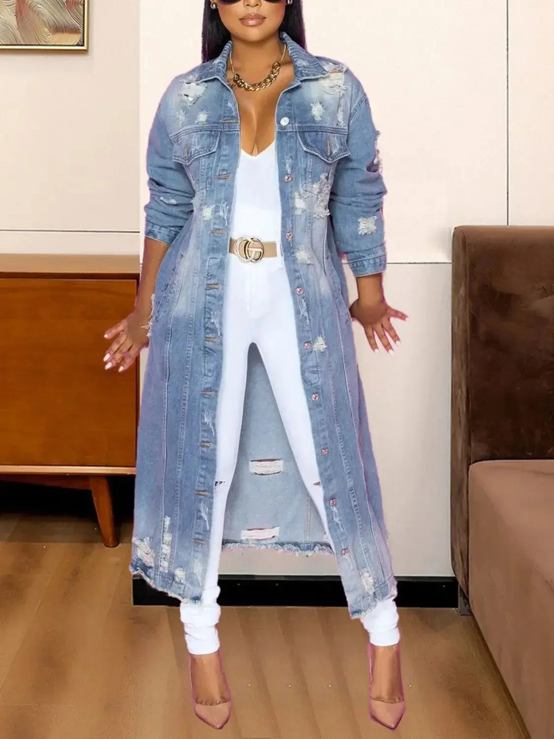 Long Sleeve Raw Hem Denim Jacket - Plush Fashion Hub