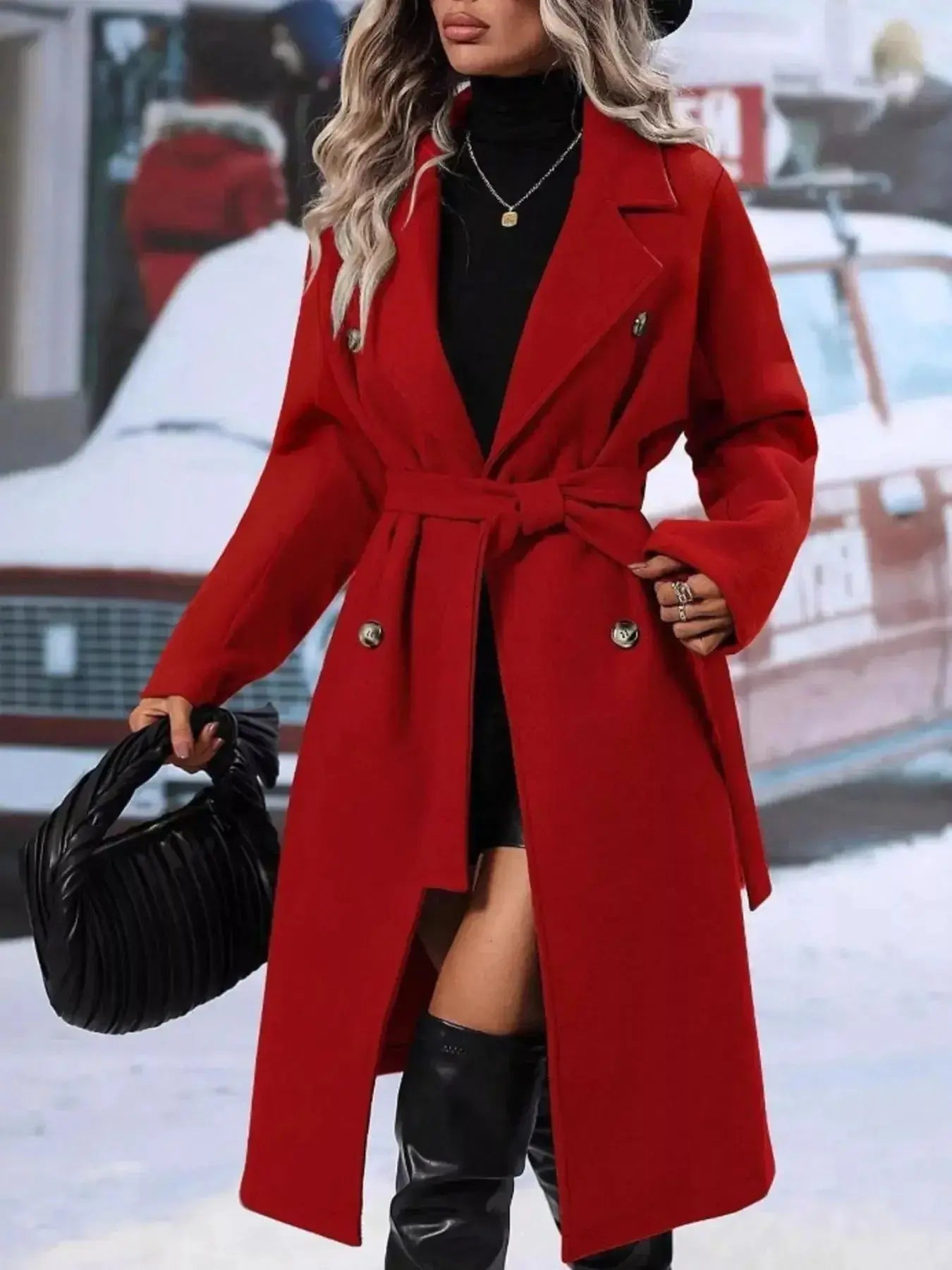 Double-Breasted Tie Waist Coat - Plush Fashion Hub
