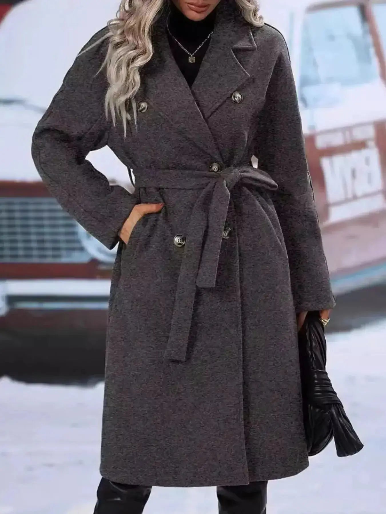 Double-Breasted Tie Waist Coat - Plush Fashion Hub