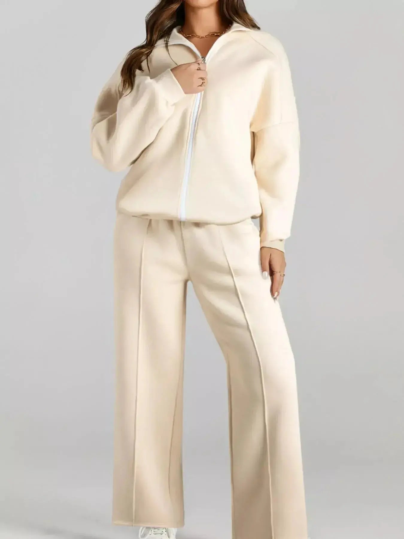 Drop Shoulder Zip Up Jacket and Drawstring Pants Active 2pcs Set - Plush Fashion Hub