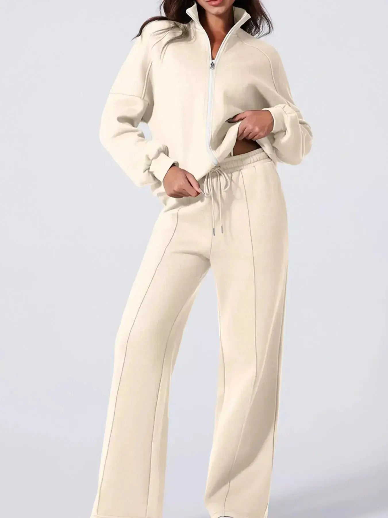 Drop Shoulder Zip Up Jacket and Drawstring Pants Active 2pcs Set - Plush Fashion Hub