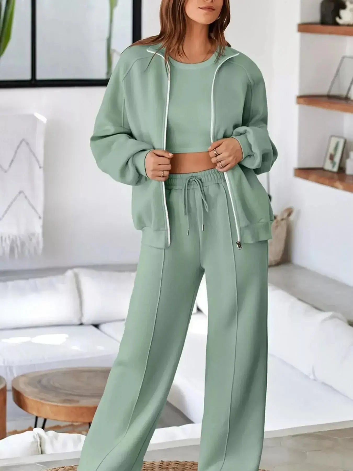 Drop Shoulder Zip Up Jacket and Drawstring Pants Active 2pcs Set - Plush Fashion Hub