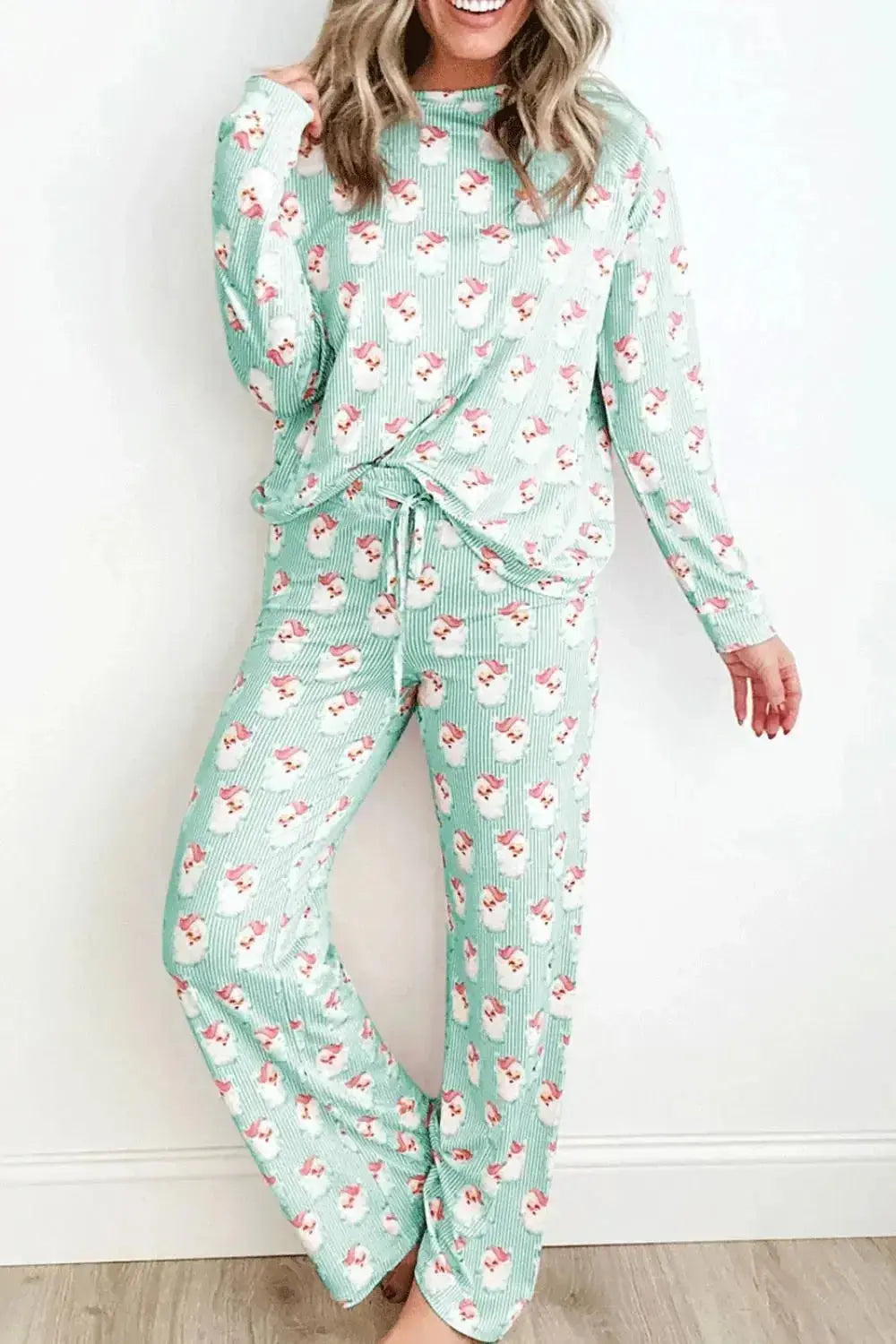 Santa Print Long Sleeve Top and Pants Lounge Set - Plush Fashion Hub