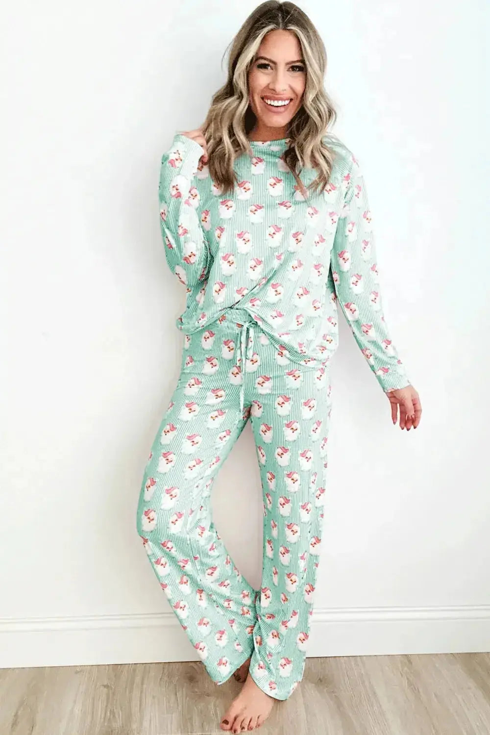 Santa Print Long Sleeve Top and Pants Lounge Set - Plush Fashion Hub