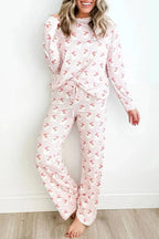 Women's festive Santa print long sleeve pajama lounge set by Trendsi, featuring cozy holiday-themed pajamas with Santa design.