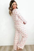 Women's festive Santa print long sleeve pajama lounge set by Trendsi, featuring cozy holiday-themed pajamas for women.