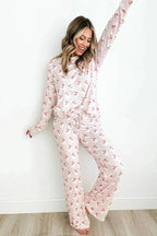 Women’s festive Santa print long sleeve pajama lounge set by Trendsi, featuring cozy holiday-themed pajamas with Santa design.