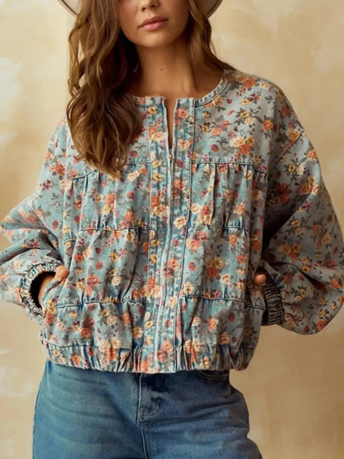 Floral Print Zip Up Cropped Denim Jacket - Plush Fashion Hub
